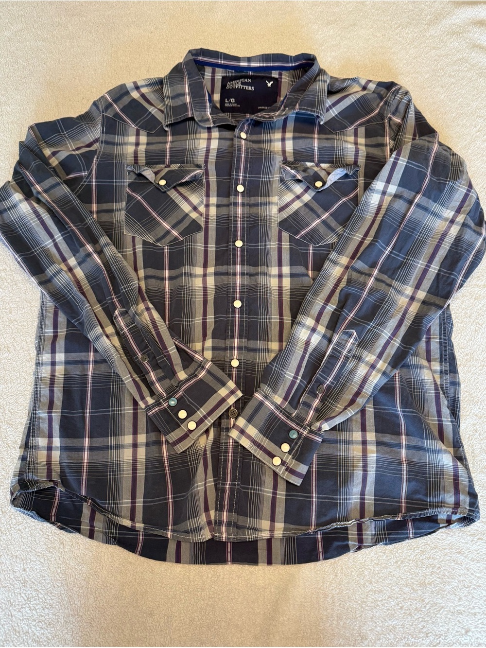 American Eagle Outfitters Navy and White Plaid Button-Down Shirt